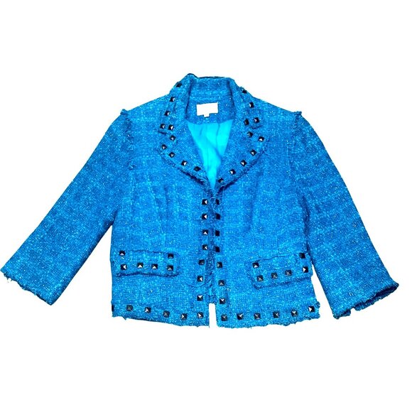 Alberto Makali Size 12 Teal Blue Boucle Studded Cropped Tweed Fringe Blazer Chic - Picture 10 of 11